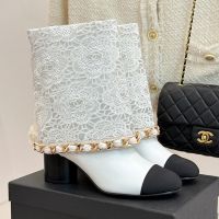 Chanel G46678 Ankle Boots with Woven Chain Women in Fabric and Calfskin White