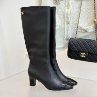Chanel G46685 High Boots with Metal CC Logo Women in Calfskin Black