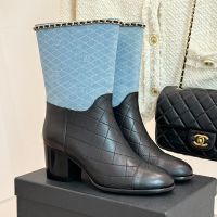 Chanel G46699 Ankle Boots with Woven Chain Women in Quilted Denim and Calfskin Blue
