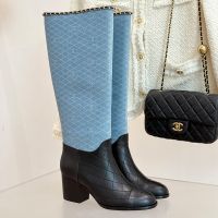 Chanel G46699 High Boots with Woven Chain Women in Quilted Denim and Calfskin Blue