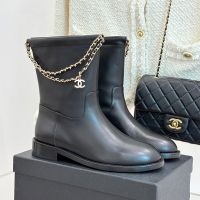 Chanel G46709 Ankle Boots with Woven Chain and Logo Pendant Women in Calfskin Black