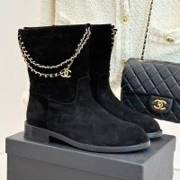 Chanel G46709 Ankle Boots with Woven Chain and Logo Pendant Women in Suede Black