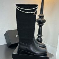 Chanel G46710 High Boots with Pearl Chain Women in Fabric and Calfskin Black