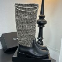 Chanel G46710 High Boots with Pearl Chain Women in Fabric and Calfskin Black/Grey