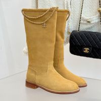 Chanel G46710 High Boots with Woven Chain and Logo Pendant Women in Suede Brown