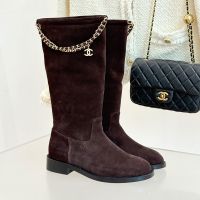 Chanel G46710 High Boots with Woven Chain and Logo Pendant Women in Suede Coffee