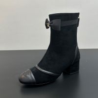 Chanel G46755 Ankle Boots with CC Logo Bow Women in Suede Black