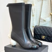 Chanel G46776 Mid Calf Boots with Pearl Heel Women in Stretch Lambskin Black