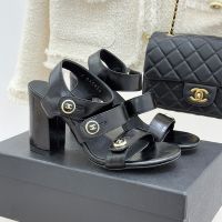 Chanel G46793 Sandals with Enamel Logo Buttons Women in Shiny Calfskin Black