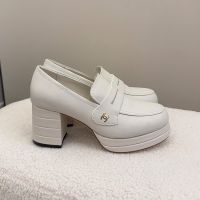 Chanel G46796 Heeled Moccasins with Metal Logo Women in Calfskin Beige