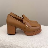 Chanel G46796 Heeled Moccasins with Metal Logo Women in Calfskin Brown