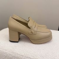 Chanel G46796 Heeled Moccasins with Metal Logo Women in Calfskin Khaki