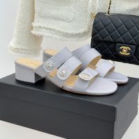 Chanel G46798 Slides with Enamel Logo Buttons Women in Grosgrain Grey
