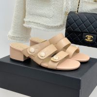 Chanel G46798 Slides with Enamel Logo Buttons Women in Lambskin Apricot