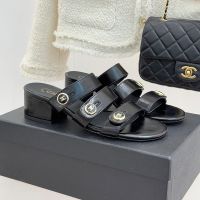 Chanel G46798 Slides with Enamel Logo Buttons Women in Shiny Calfskin Black