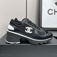 Chanel G46871 Heeled Sneakers with Logo Patch Women in Mixed Fibers and Calfskin Black