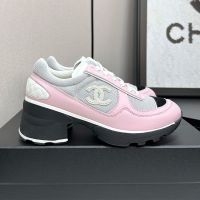 Chanel G46871 Heeled Sneakers with Logo Patch Women in Mixed Fibers and Calfskin Pink