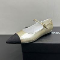 Chanel G46849 Mary Janes with Metal CC Logo Women in Lambskin and Grosgrain Gold