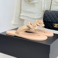 Chanel G46988 Camellia Thongs Slides with Metal Logo Women in Calfskin Apricot