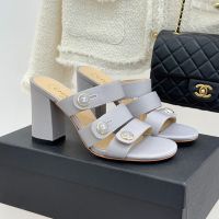 Chanel Heeled Slides with Enamel Logo Buttons Women in Grosgrain Grey