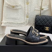 Chanel Heeled Slides with Woven Chain Logo Women in Quilted Lambskin Black