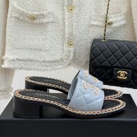 Chanel Heeled Slides with Woven Chain Logo Women in Quilted Lambskin Blue/Black