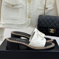 Chanel Heeled Slides with Woven Chain Logo Women in Quilted Lambskin White/Black