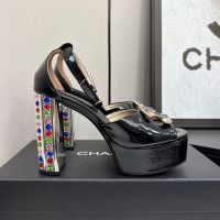 Chanel Heeled Sandals with Colored Strass Logo Women in Patent Leather Black