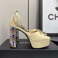 Chanel Heeled Sandals with Colored Strass Logo Women in Patent Leather Khaki