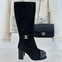 Chanel High Boots with CC Buckle Women in Suede Black