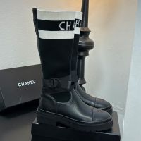 Chanel High Boots with Letter Embroidery Women in Knit and Calfskin Black