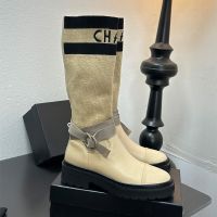 Chanel High Boots with Letter Embroidery Women in Knit and Calfskin Brown