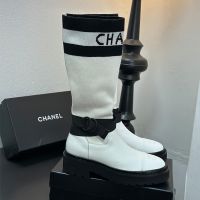 Chanel High Boots with Letter Embroidery Women in Knit and Calfskin White