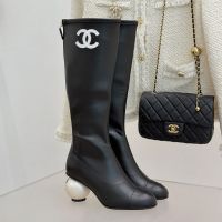 Chanel High Boots with Pearl Heel Women in Stretch Lambskin Black