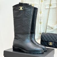 Chanel High Boots with Camellia Embroidered Women in Calfskin Black