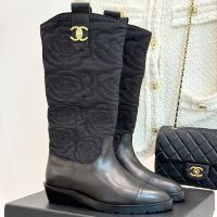 Chanel High Boots with Camellia Embroidered Women in Fabric and Calfskin Black