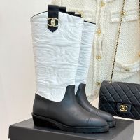 Chanel High Boots with Camellia Embroidered Women in Fabric and Calfskin Black/White