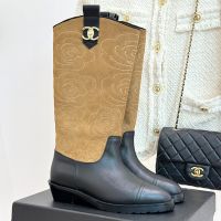 Chanel High Boots with Camellia Embroidered Women in Suede and Calfskin Black/Brown