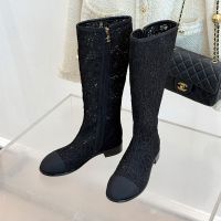 Chanel High Boots with Camellia Embroidery Women in Lace and Grosgrain Black