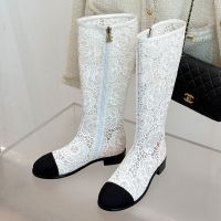 Chanel High Boots with Camellia Embroidery Women in Lace and Grosgrain White