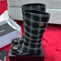 Chanel High Boots with Metal CC Logo Women in Tweed Black