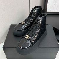 Chanel High-Top Platform Sneakers with Strass Logo Women Quilted Calfskin Black