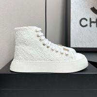 Chanel High-Top Platform Sneakers with Strass Logo Women in Tweed White