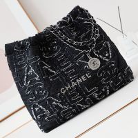 Chanel AS3261 22 Handbag in Logo Embroidery Denim Black