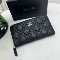 Chanel Large Long Zipped Wallet in Grained Calfskin Black/Silver