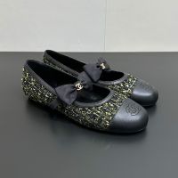 Chanel Mary Janes with Logo Bow Women in Tweed and Lambskin Black/Green