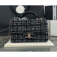Chanel AS2431 Mini Classic Handbag With Top Handle in Sequin Embroidered Tweed Black/White