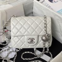 Chanel AS1786 Mini Flap Bag with Sphere Ball Strap in Lambskin White/Silver