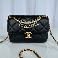 Chanel AS4986 Mini Flap Bag with Sparkling Lettering and Pearls Handle in Shiny Lambskin Black