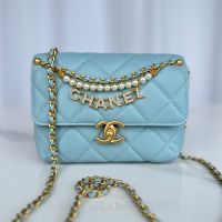 Chanel AS4986 Mini Flap Bag with Sparkling Lettering and Pearls Handle in Shiny Lambskin Sky Blue